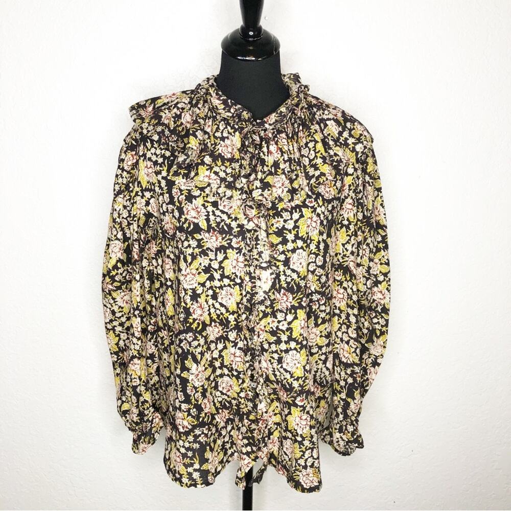 Mille Resort Travel black gold red floral ruffle collar button down top Large